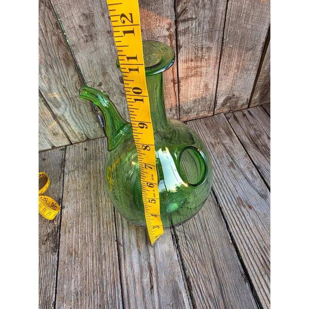 Green Hand Blown Glass Porron Wine Decanter Double Chamber Ice Pocket 11 inch